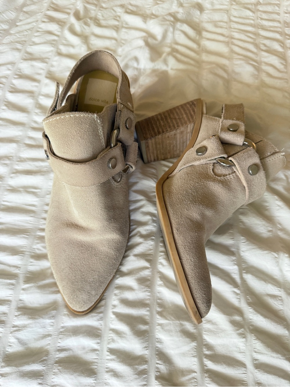 Dolce Vita Taupe Suede Pointed Ankle Booties with Buckle Detail